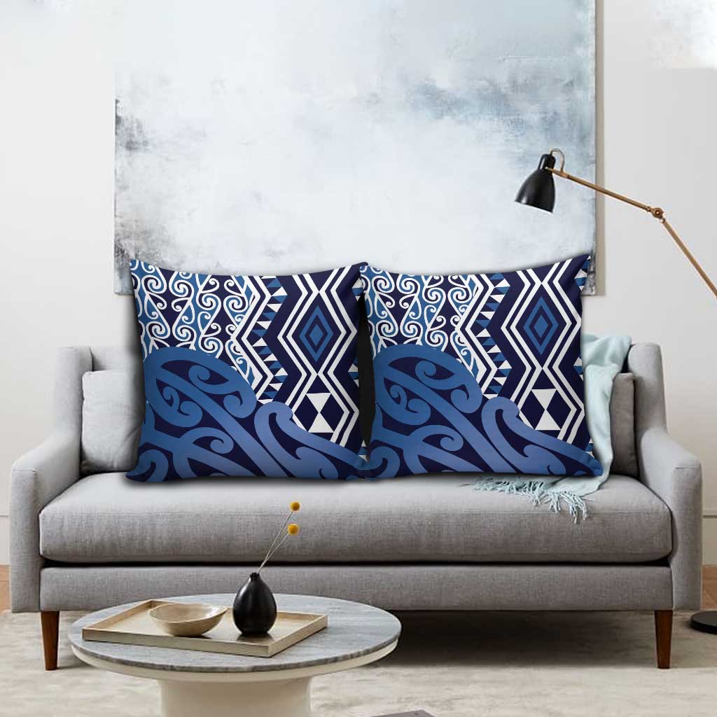 New Zealand Pillow Cover Aotearoa Kowhaiwhai Mix Taniko Art - Blue - Polynesian Pride