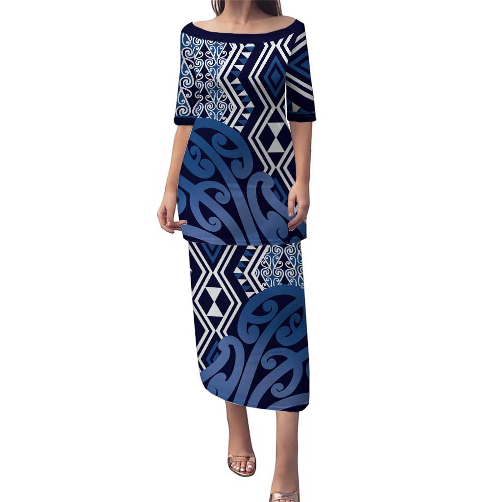 New Zealand Puletasi Aotearoa Kowhaiwhai Mix Taniko Art - Blue LT14 Long Dress Blue - Polynesian Pride