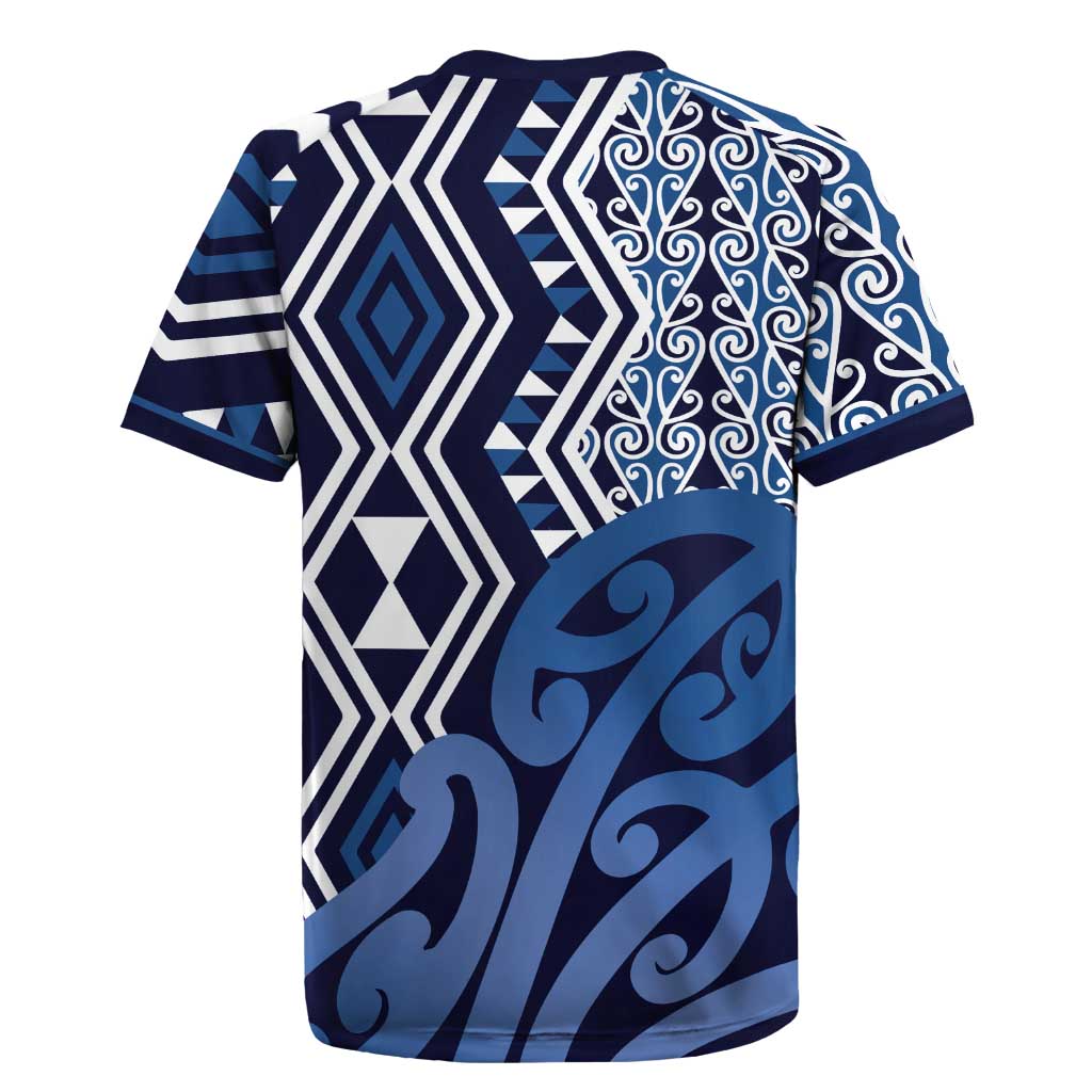 New Zealand Rugby Jersey Aotearoa Kowhaiwhai Mix Taniko Art - Blue LT14 - Polynesian Pride