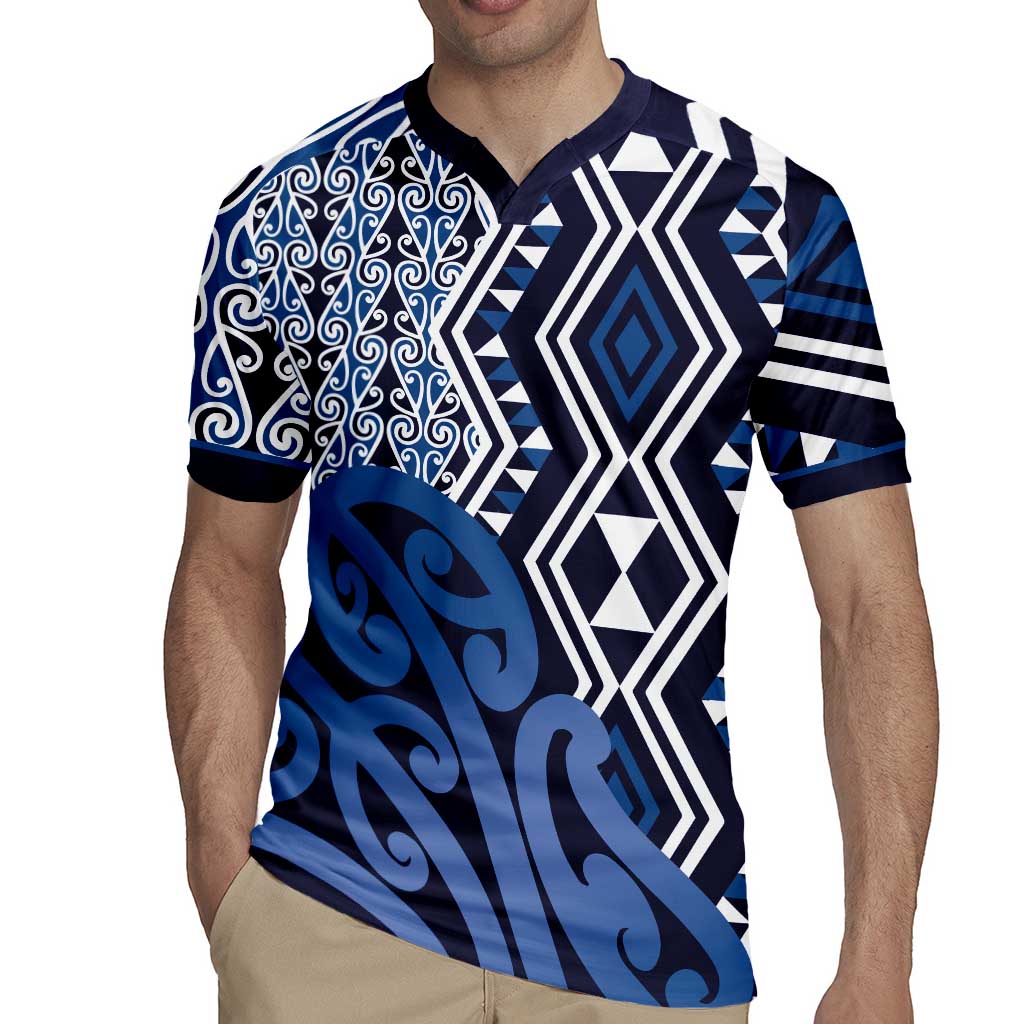 New Zealand Rugby Jersey Aotearoa Kowhaiwhai Mix Taniko Art - Blue LT14 - Polynesian Pride