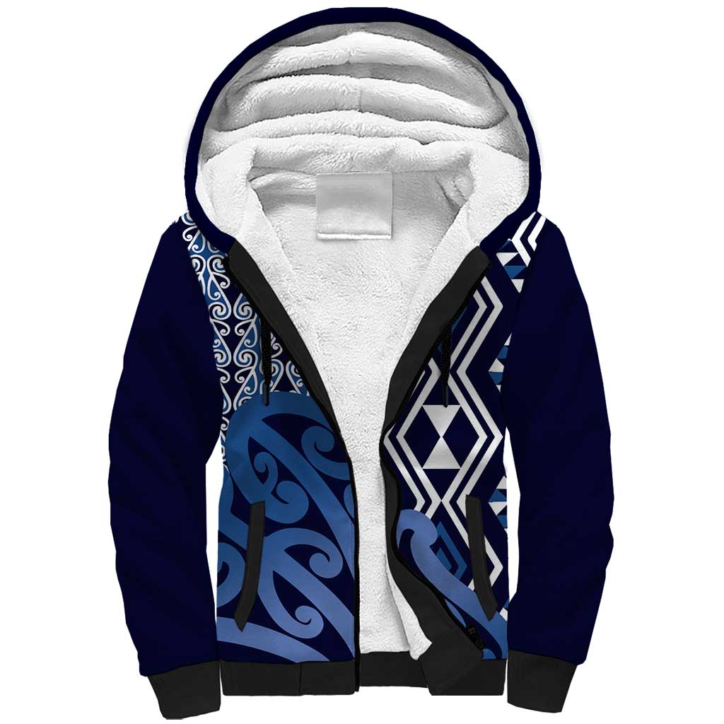 New Zealand Sherpa Hoodie Aotearoa Kowhaiwhai Mix Taniko Art - Blue