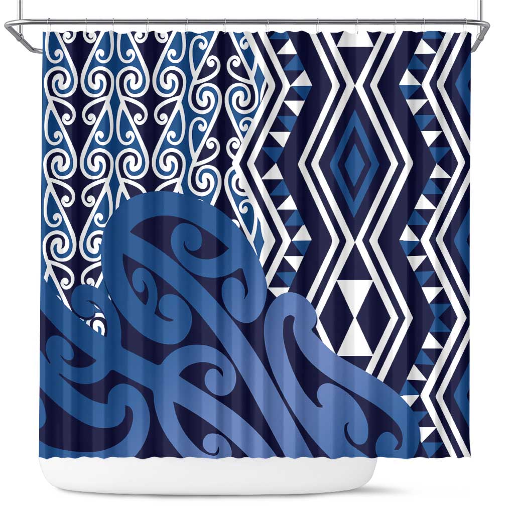 New Zealand Shower Curtain Aotearoa Kowhaiwhai Mix Taniko Art - Blue