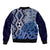 New Zealand Sleeve Zip Bomber Jacket Aotearoa Kowhaiwhai Mix Taniko Art - Blue