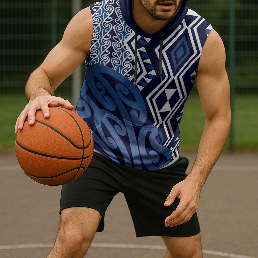 New Zealand Sleeveless Hoodie Aotearoa Kowhaiwhai Mix Taniko Art - Blue - Polynesian Pride