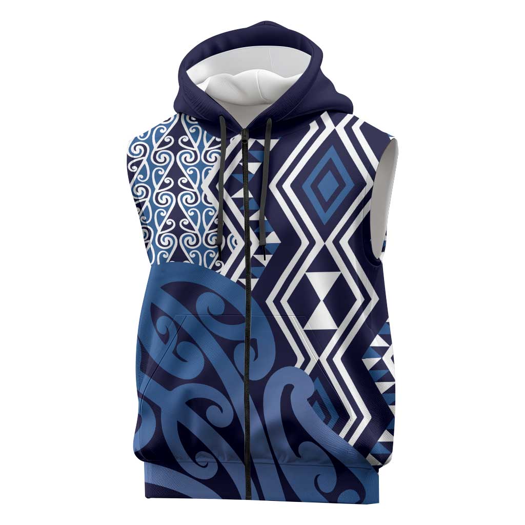 New Zealand Sleeveless Zip Hoodie Aotearoa Kowhaiwhai Mix Taniko Art - Blue LT14 Blue - Polynesian Pride