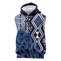 New Zealand Sleeveless Zip Hoodie Aotearoa Kowhaiwhai Mix Taniko Art - Blue LT14 Blue - Polynesian Pride