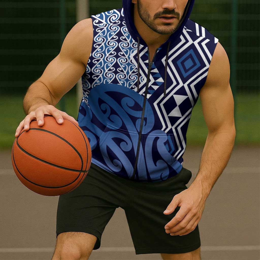 New Zealand Sleeveless Zip Hoodie Aotearoa Kowhaiwhai Mix Taniko Art - Blue LT14 - Polynesian Pride