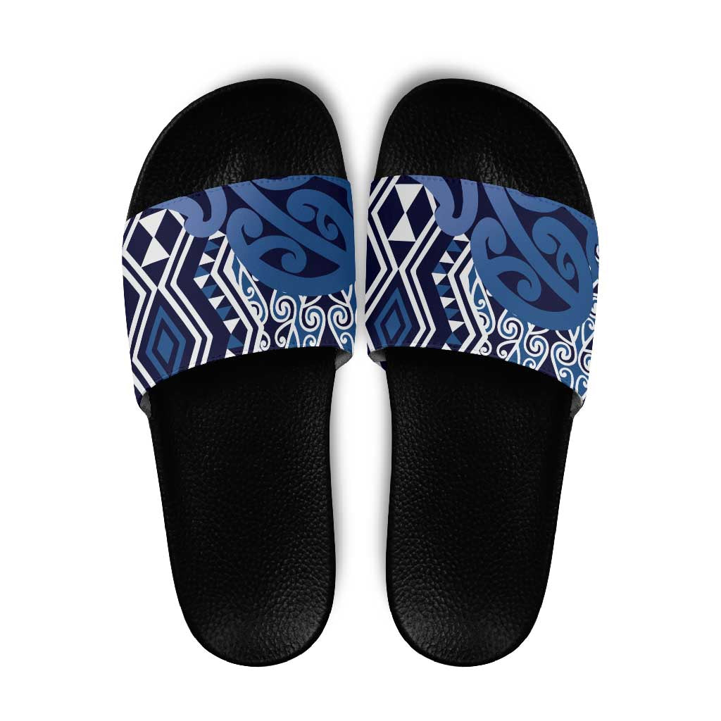 New Zealand Slide Sandals Aotearoa Kowhaiwhai Mix Taniko Art - Blue LT14 Blue - Polynesian Pride