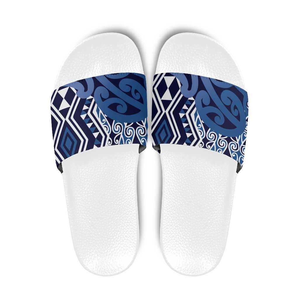 New Zealand Slide Sandals Aotearoa Kowhaiwhai Mix Taniko Art - Blue LT14 Blue - Polynesian Pride