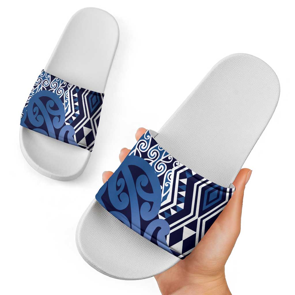 New Zealand Slide Sandals Aotearoa Kowhaiwhai Mix Taniko Art - Blue LT14 - Polynesian Pride