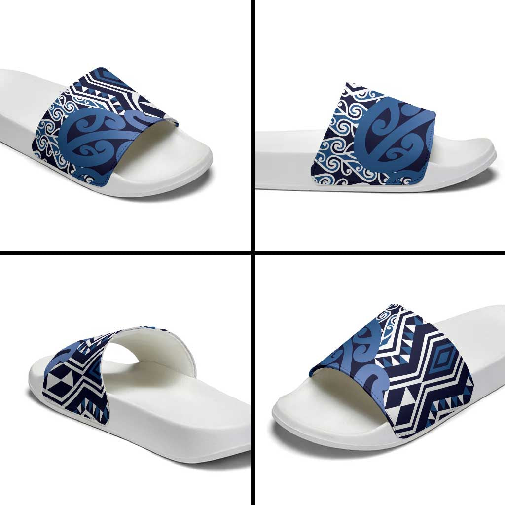 New Zealand Slide Sandals Aotearoa Kowhaiwhai Mix Taniko Art - Blue LT14 - Polynesian Pride