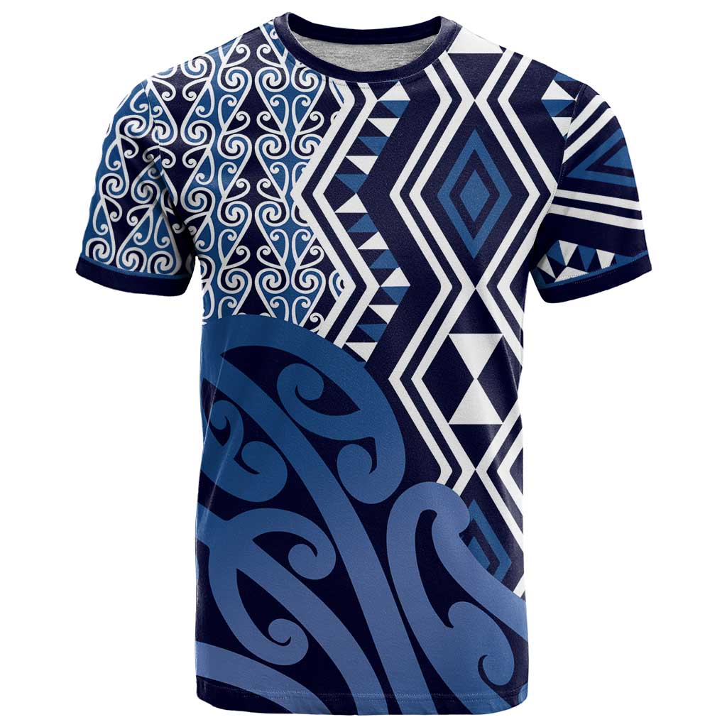 New Zealand T Shirt Aotearoa Kowhaiwhai Mix Taniko Art - Blue