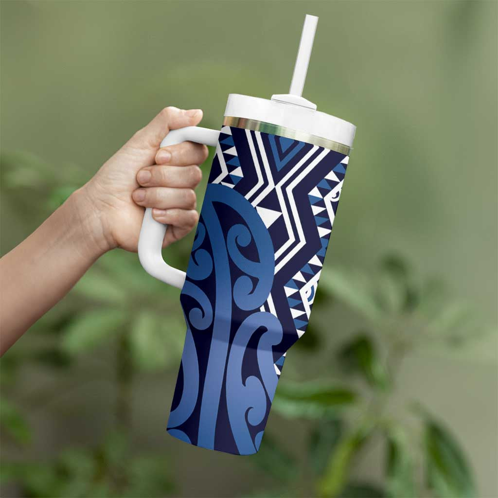New Zealand Tumbler With Handle Aotearoa Kowhaiwhai Mix Taniko Art - Blue LT14 - Polynesian Pride