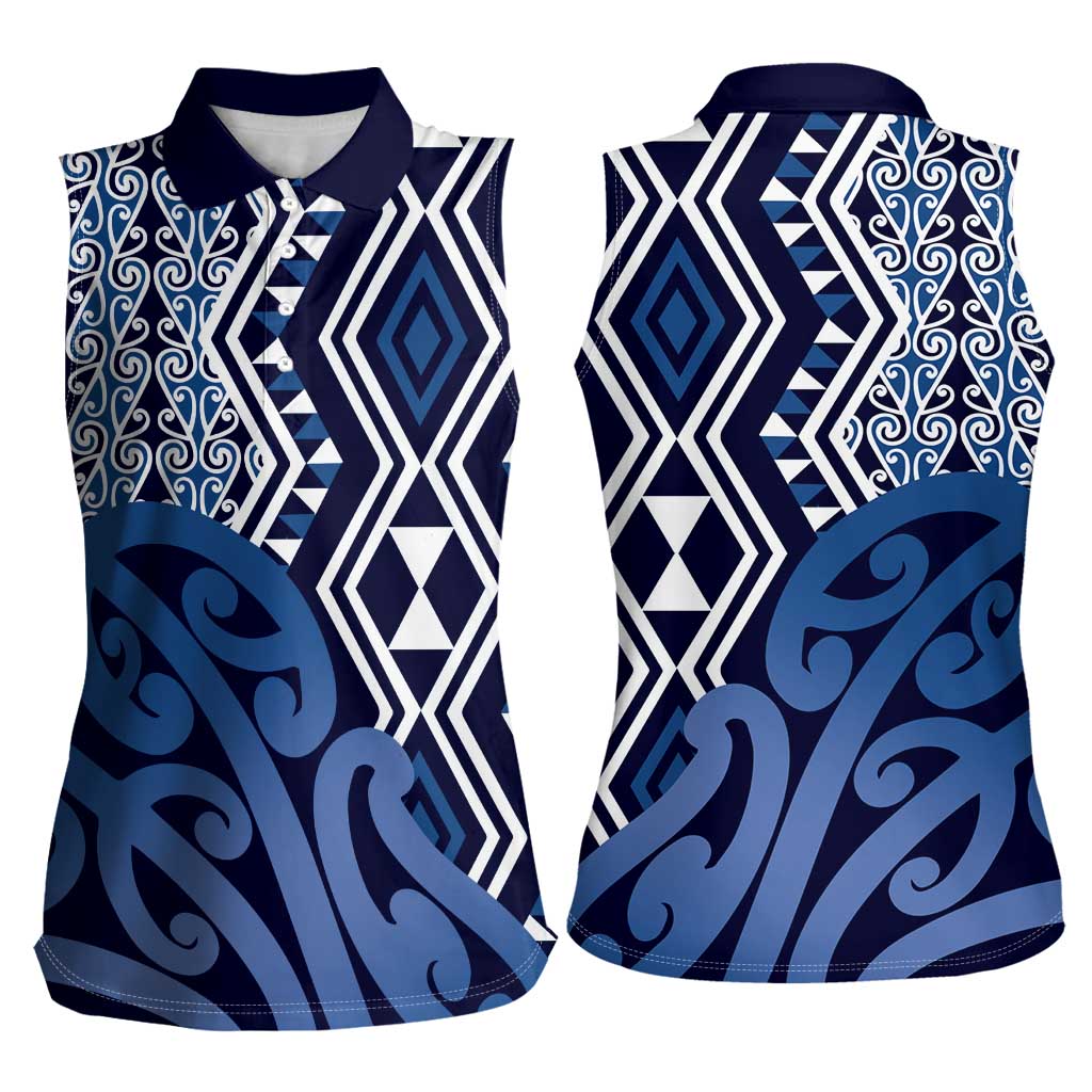 New Zealand Women Sleeveless Polo Shirt Aotearoa Kowhaiwhai Mix Taniko Art - Blue LT14 - Polynesian Pride