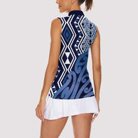 New Zealand Women Sleeveless Polo Shirt Aotearoa Kowhaiwhai Mix Taniko Art - Blue LT14 - Polynesian Pride
