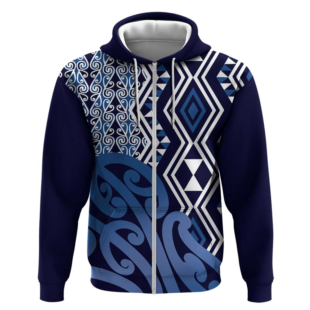 New Zealand Zip Hoodie Aotearoa Kowhaiwhai Mix Taniko Art - Blue