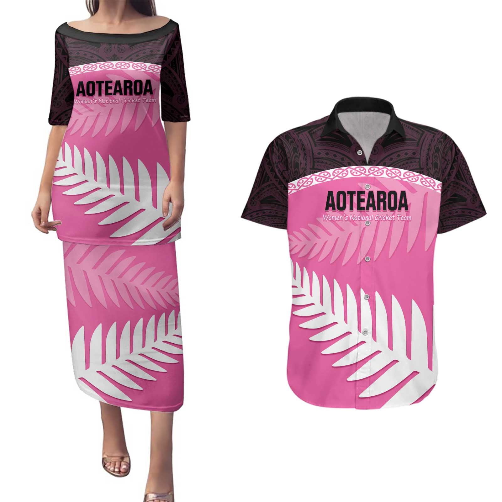 Custom New Zealand Aotearoa Cricket Couples Matching Puletasi and Hawaiian Shirt Go White Silver Fern