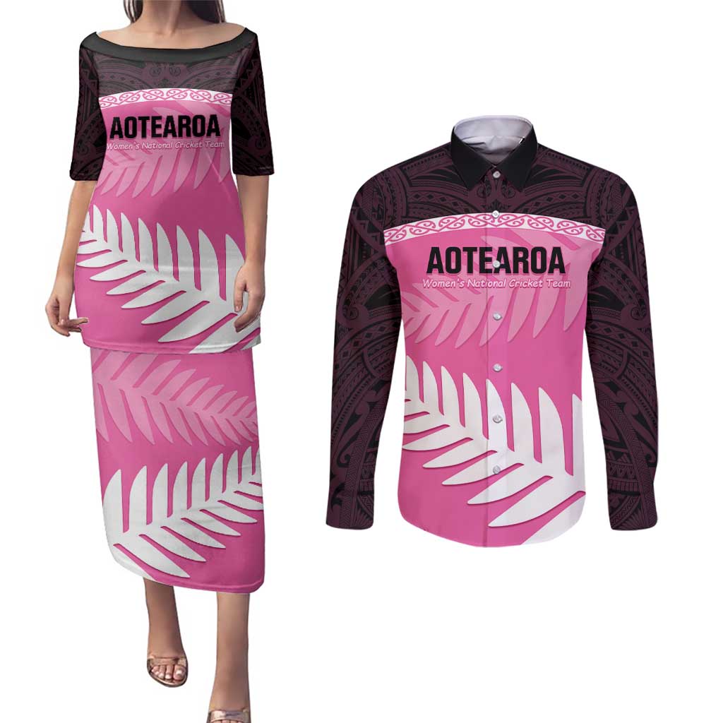 Custom New Zealand Aotearoa Cricket Couples Matching Puletasi and Long Sleeve Button Shirt Go White Silver Fern