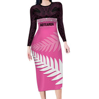 Custom New Zealand Aotearoa Cricket Family Matching Long Sleeve Bodycon Dress and Hawaiian Shirt Go White Silver Fern LT14 Mom's Dress Pink - Polynesian Pride