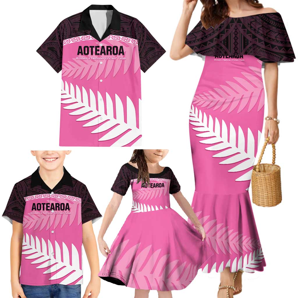 Custom New Zealand Aotearoa Cricket Family Matching Mermaid Dress and Hawaiian Shirt Go White Silver Fern