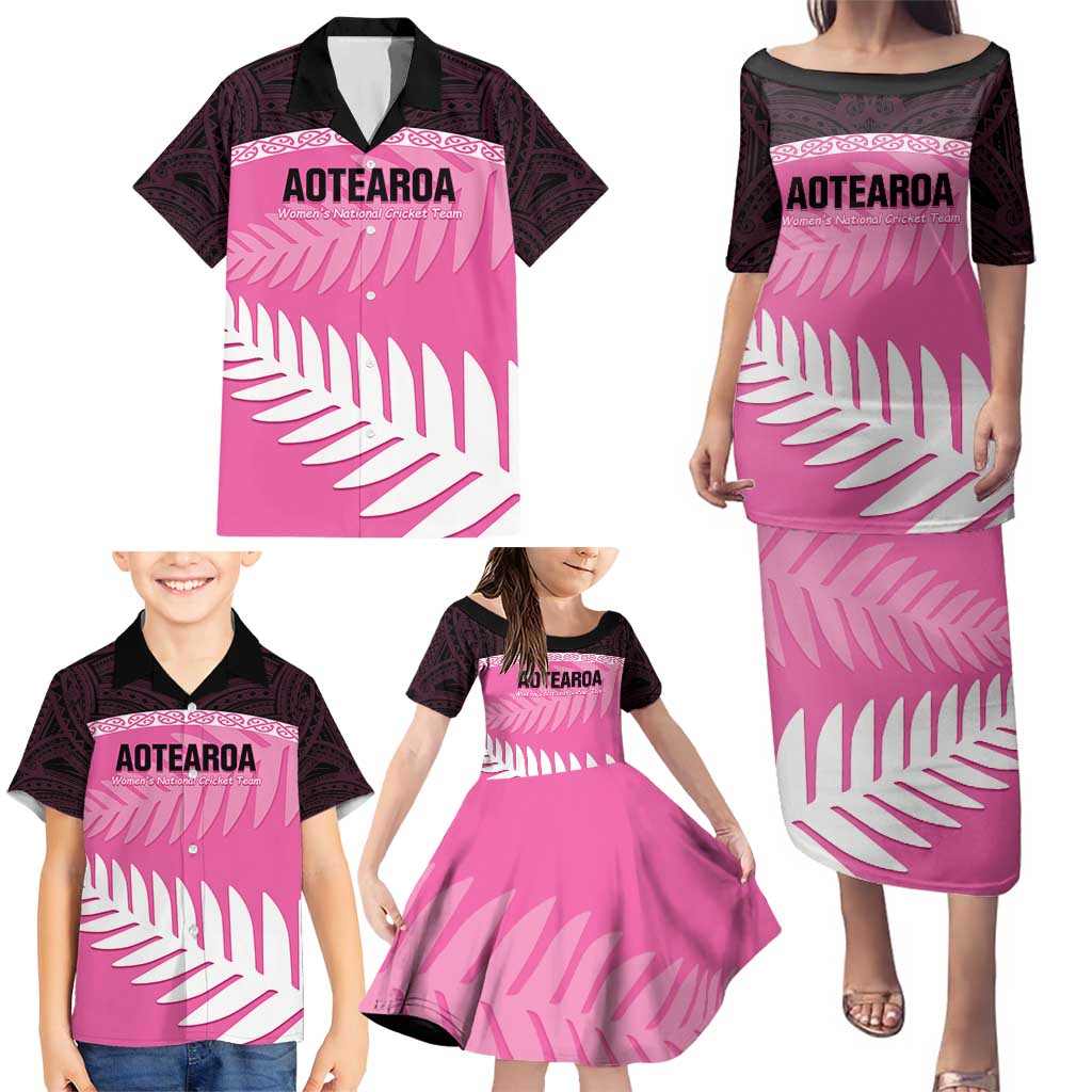 Custom New Zealand Aotearoa Cricket Family Matching Puletasi and Hawaiian Shirt Go White Silver Fern