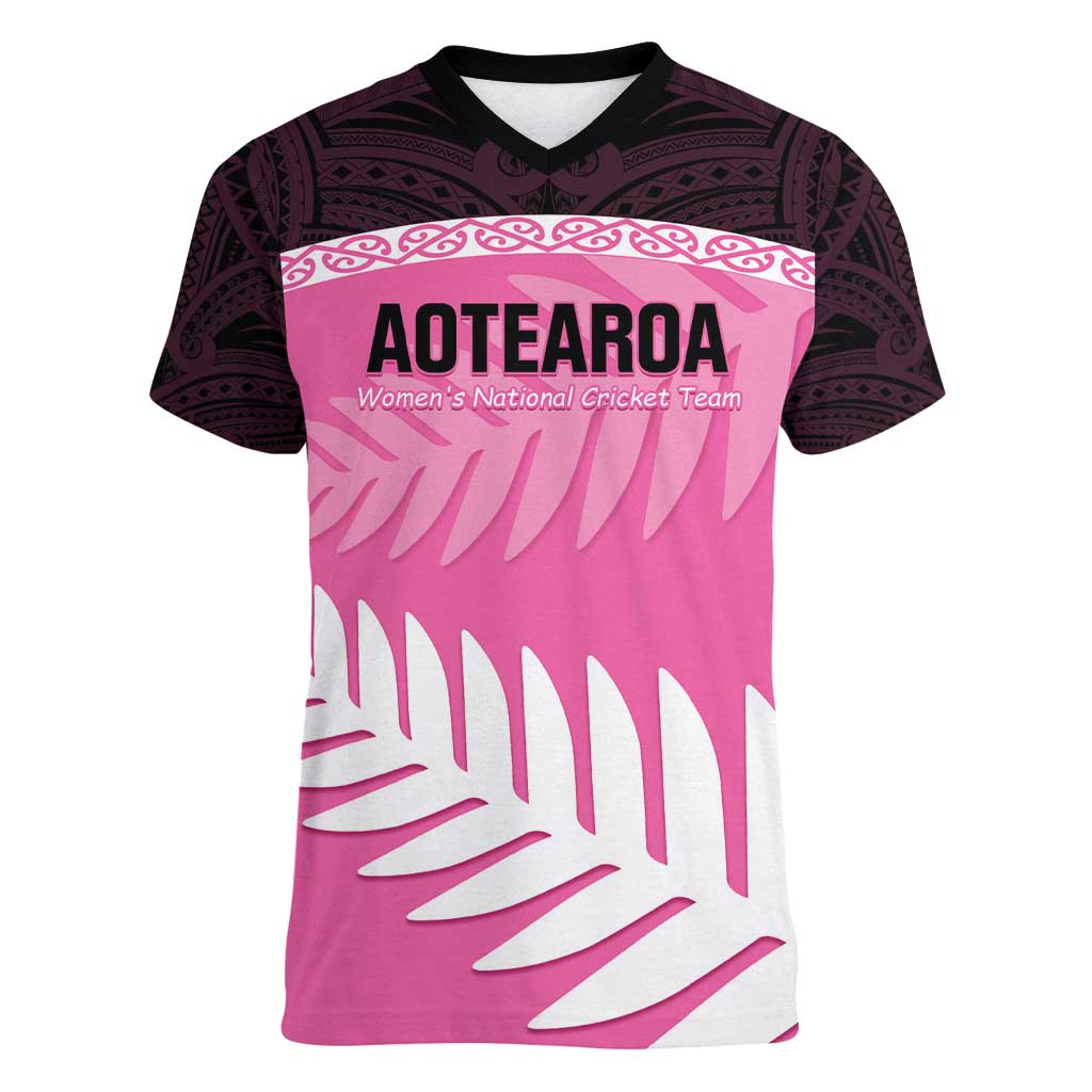 Custom New Zealand Aotearoa Cricket Women V-Neck T-Shirt Go White Silver Fern LT14 Female Pink - Polynesian Pride