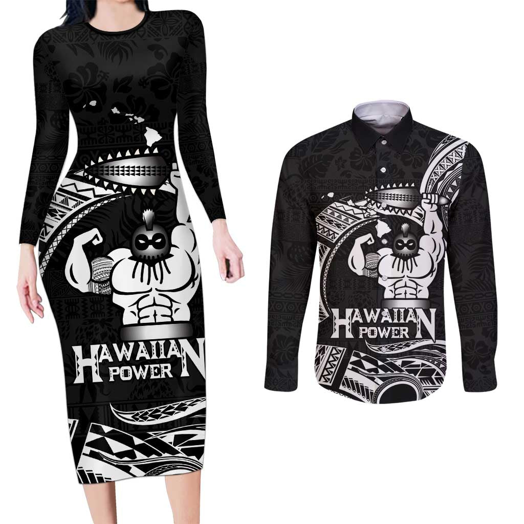 Black Hawaii Ikaika Warrior Couples Matching Long Sleeve Bodycon Dress and Long Sleeve Button Shirt Hawaiian Power LT14 Black - Polynesian Pride