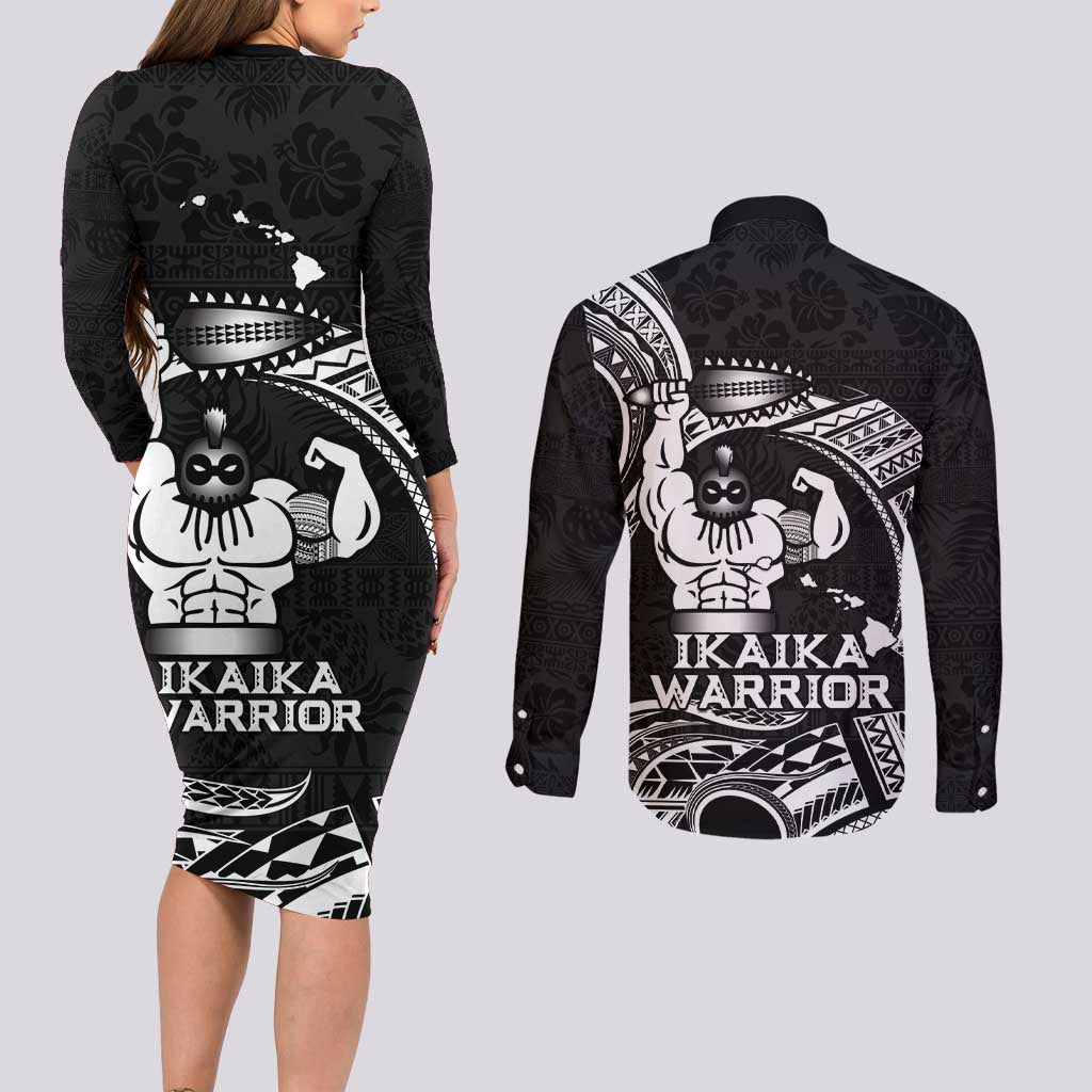 Black Hawaii Ikaika Warrior Couples Matching Long Sleeve Bodycon Dress and Long Sleeve Button Shirt Hawaiian Power LT14 - Polynesian Pride