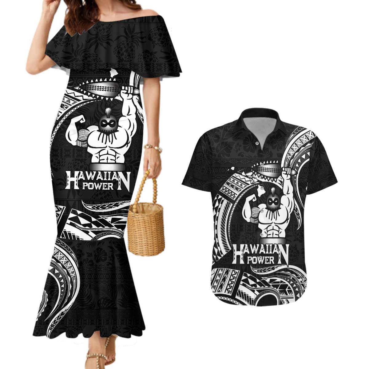 Black Hawaii Ikaika Warrior Couples Matching Mermaid Dress and Hawaiian Shirt Hawaiian Power LT14 Black - Polynesian Pride