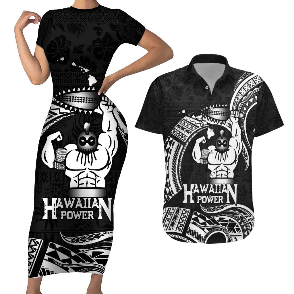 Black Hawaii Ikaika Warrior Couples Matching Short Sleeve Bodycon Dress and Hawaiian Shirt Hawaiian Power LT14 Black - Polynesian Pride