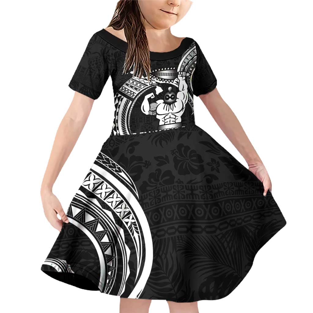 Black Hawaii Ikaika Warrior Family Matching Off Shoulder Short Dress and Hawaiian Shirt Hawaiian Power LT14 Daughter's Dress Black - Polynesian Pride