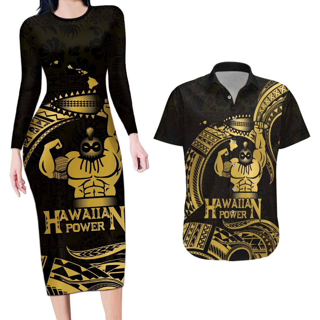 Gold Hawaii Ikaika Warrior Couples Matching Long Sleeve Bodycon Dress and Hawaiian Shirt Hawaiian Power LT14 Gold - Polynesian Pride