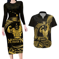 Gold Hawaii Ikaika Warrior Couples Matching Long Sleeve Bodycon Dress and Hawaiian Shirt Hawaiian Power LT14 Gold - Polynesian Pride