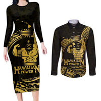 Gold Hawaii Ikaika Warrior Couples Matching Long Sleeve Bodycon Dress and Long Sleeve Button Shirt Hawaiian Power LT14 Gold - Polynesian Pride