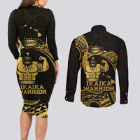 Gold Hawaii Ikaika Warrior Couples Matching Long Sleeve Bodycon Dress and Long Sleeve Button Shirt Hawaiian Power LT14 - Polynesian Pride