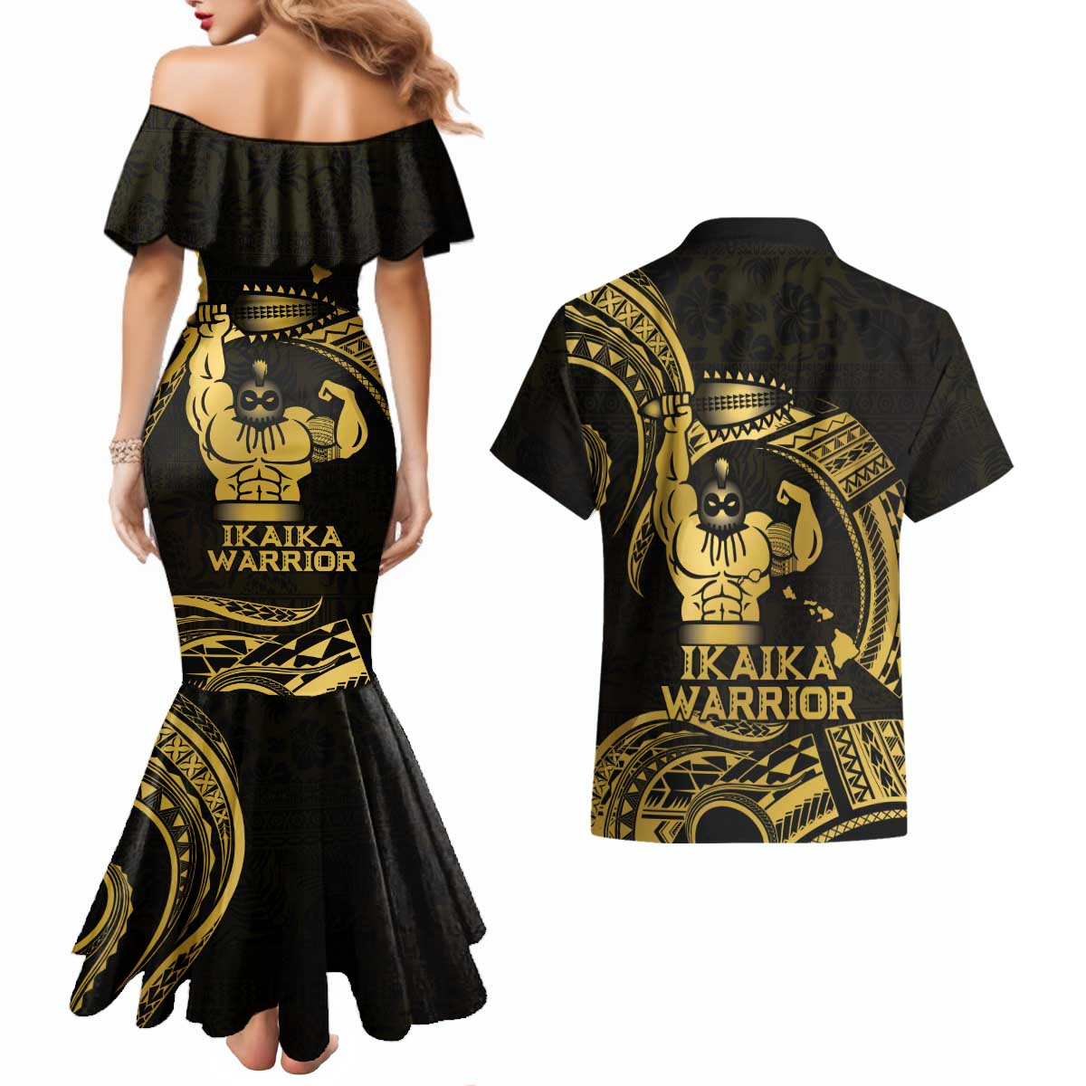 Gold Hawaii Ikaika Warrior Couples Matching Mermaid Dress and Hawaiian Shirt Hawaiian Power LT14 - Polynesian Pride