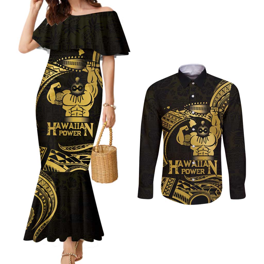 Gold Hawaii Ikaika Warrior Couples Matching Mermaid Dress and Long Sleeve Button Shirt Hawaiian Power LT14 Gold - Polynesian Pride