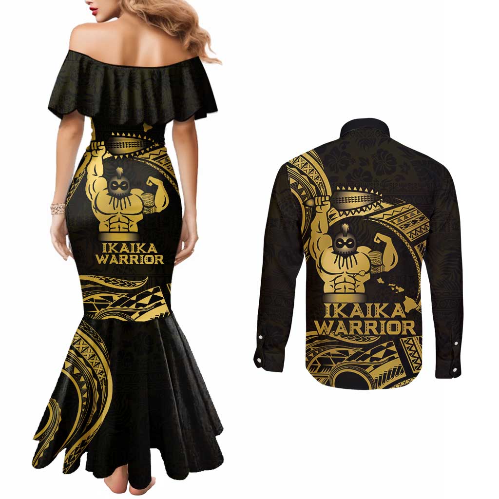 Gold Hawaii Ikaika Warrior Couples Matching Mermaid Dress and Long Sleeve Button Shirt Hawaiian Power LT14 - Polynesian Pride
