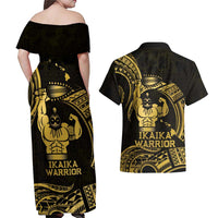 Gold Hawaii Ikaika Warrior Couples Matching Off Shoulder Maxi Dress and Hawaiian Shirt Hawaiian Power LT14 - Polynesian Pride