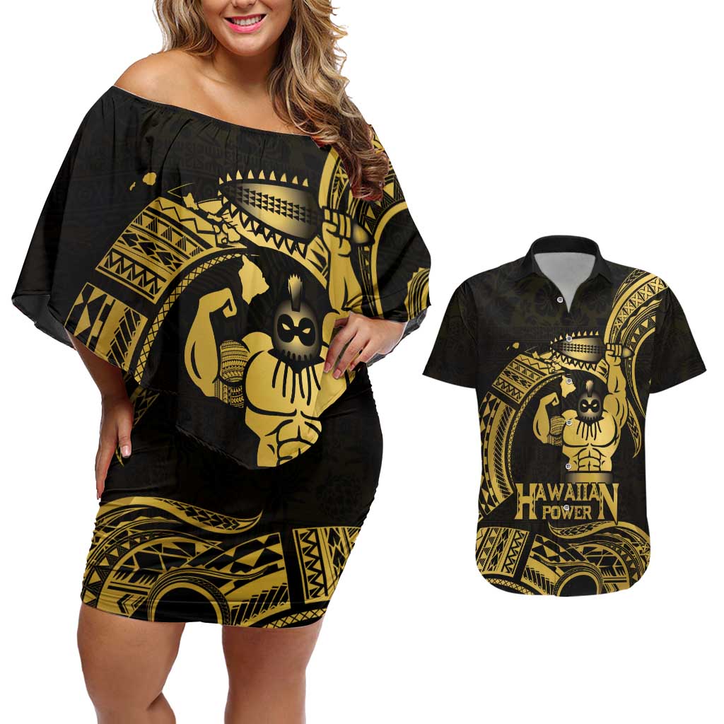 Gold Hawaii Ikaika Warrior Couples Matching Off Shoulder Short Dress and Hawaiian Shirt Hawaiian Power