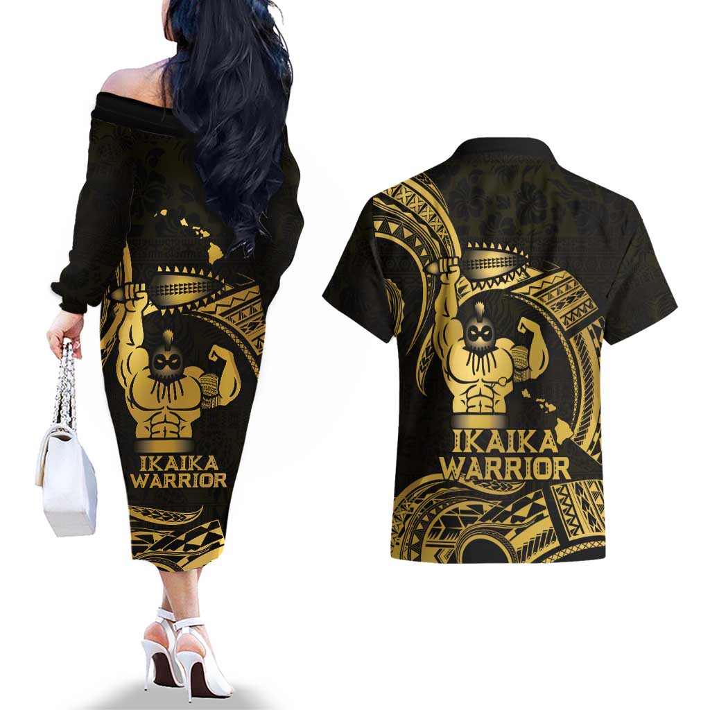 Gold Hawaii Ikaika Warrior Couples Matching Off The Shoulder Long Sleeve Dress and Hawaiian Shirt Hawaiian Power