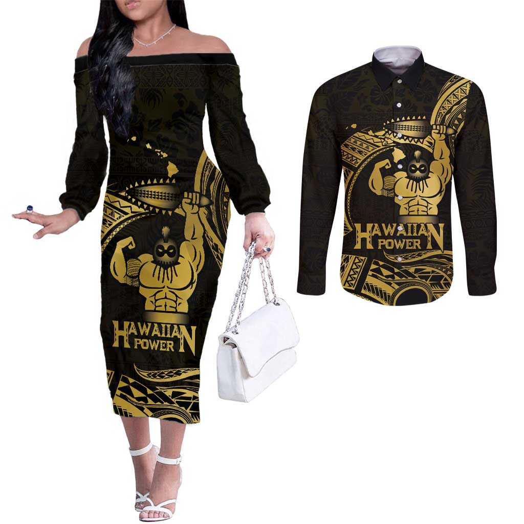 Gold Hawaii Ikaika Warrior Couples Matching Off The Shoulder Long Sleeve Dress and Long Sleeve Button Shirt Hawaiian Power LT14 Gold - Polynesian Pride