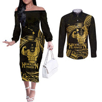 Gold Hawaii Ikaika Warrior Couples Matching Off The Shoulder Long Sleeve Dress and Long Sleeve Button Shirt Hawaiian Power LT14 Gold - Polynesian Pride