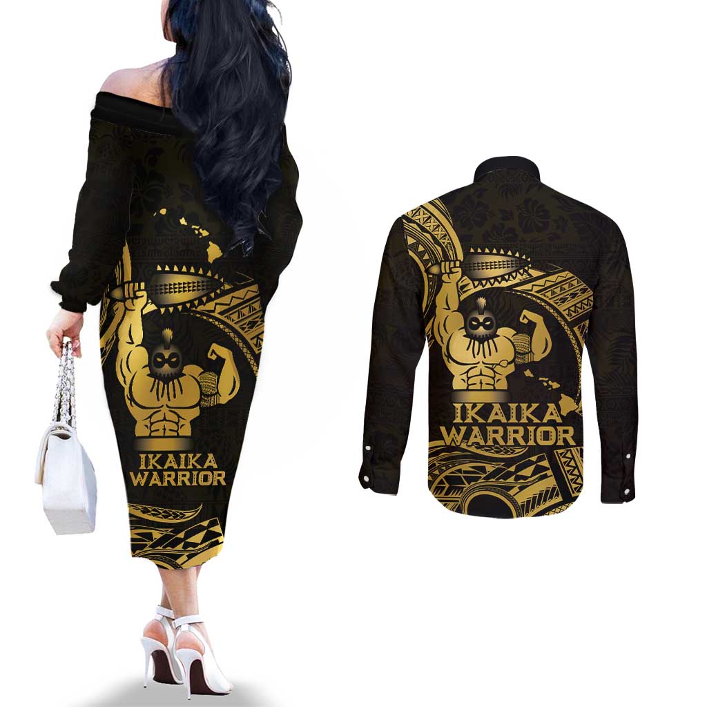Gold Hawaii Ikaika Warrior Couples Matching Off The Shoulder Long Sleeve Dress and Long Sleeve Button Shirt Hawaiian Power LT14 - Polynesian Pride