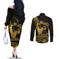 Gold Hawaii Ikaika Warrior Couples Matching Off The Shoulder Long Sleeve Dress and Long Sleeve Button Shirt Hawaiian Power LT14 - Polynesian Pride