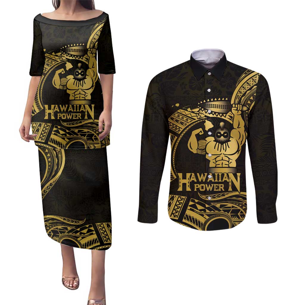 Gold Hawaii Ikaika Warrior Couples Matching Puletasi and Long Sleeve Button Shirt Hawaiian Power LT14 Gold - Polynesian Pride
