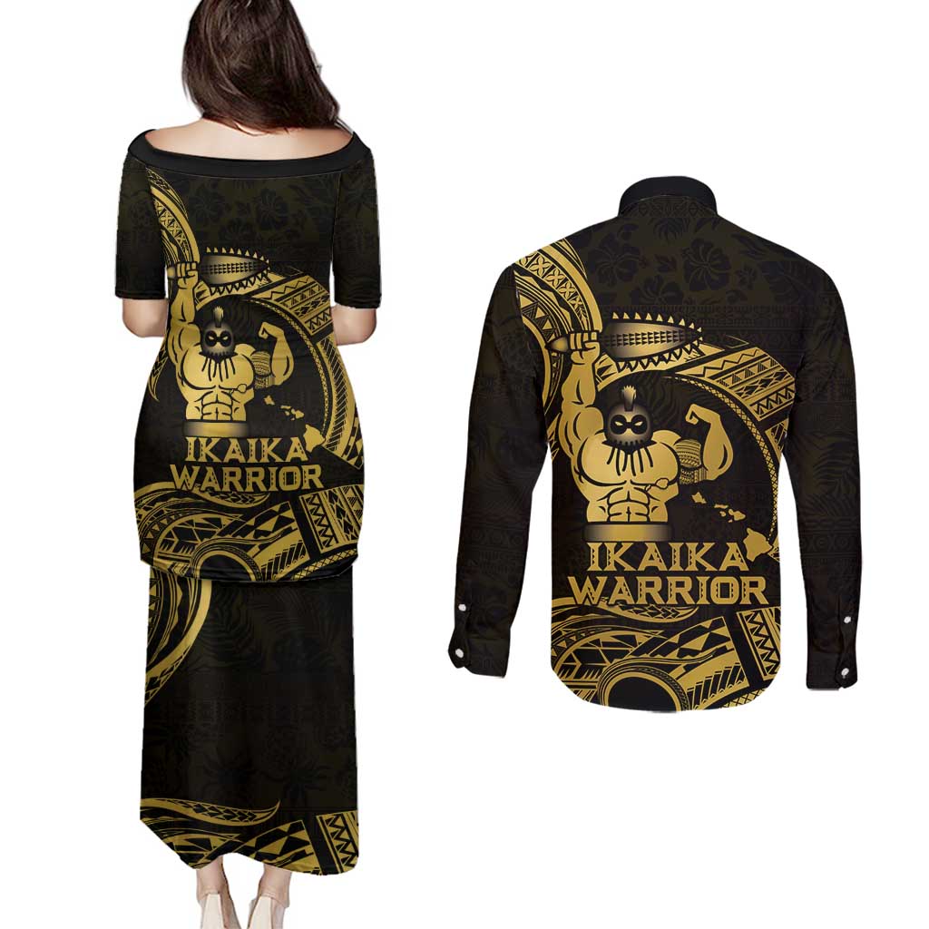 Gold Hawaii Ikaika Warrior Couples Matching Puletasi and Long Sleeve Button Shirt Hawaiian Power LT14 - Polynesian Pride