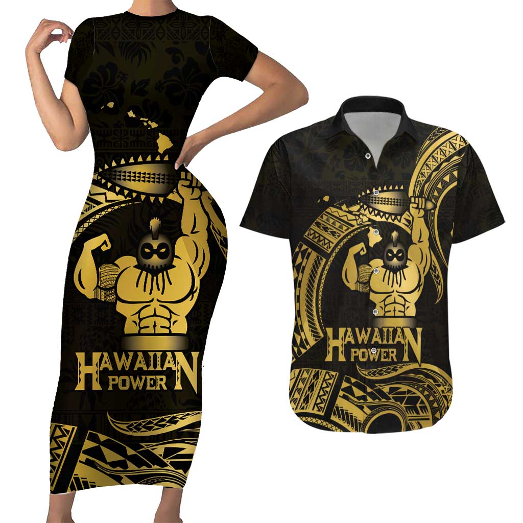 Gold Hawaii Ikaika Warrior Couples Matching Short Sleeve Bodycon Dress and Hawaiian Shirt Hawaiian Power LT14 Gold - Polynesian Pride
