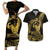 Gold Hawaii Ikaika Warrior Couples Matching Short Sleeve Bodycon Dress and Hawaiian Shirt Hawaiian Power LT14 Gold - Polynesian Pride