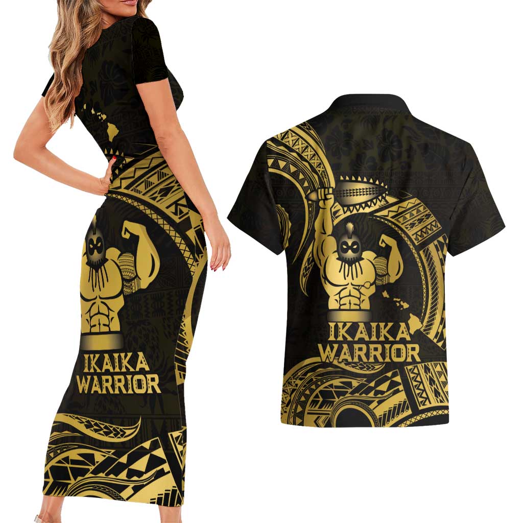 Gold Hawaii Ikaika Warrior Couples Matching Short Sleeve Bodycon Dress and Hawaiian Shirt Hawaiian Power LT14 - Polynesian Pride